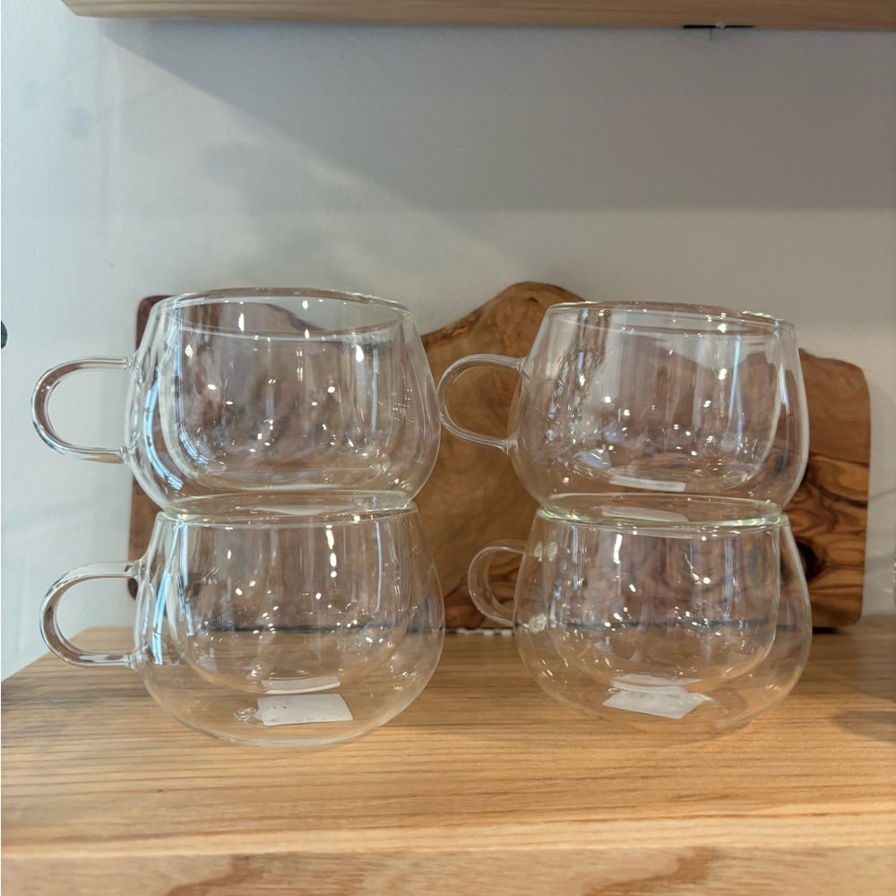 (4) Clear Double Wall Borosilicate Glass Espresso Cups Mugs Handle World Market